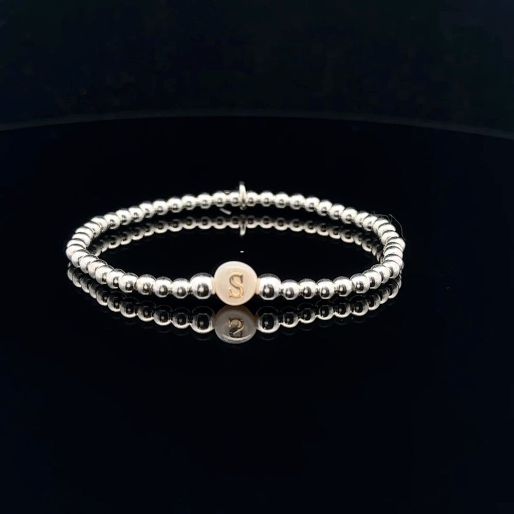 925 Sterling Silver Beaded Stretch Stacking Bracelet MOP Letter Initial S